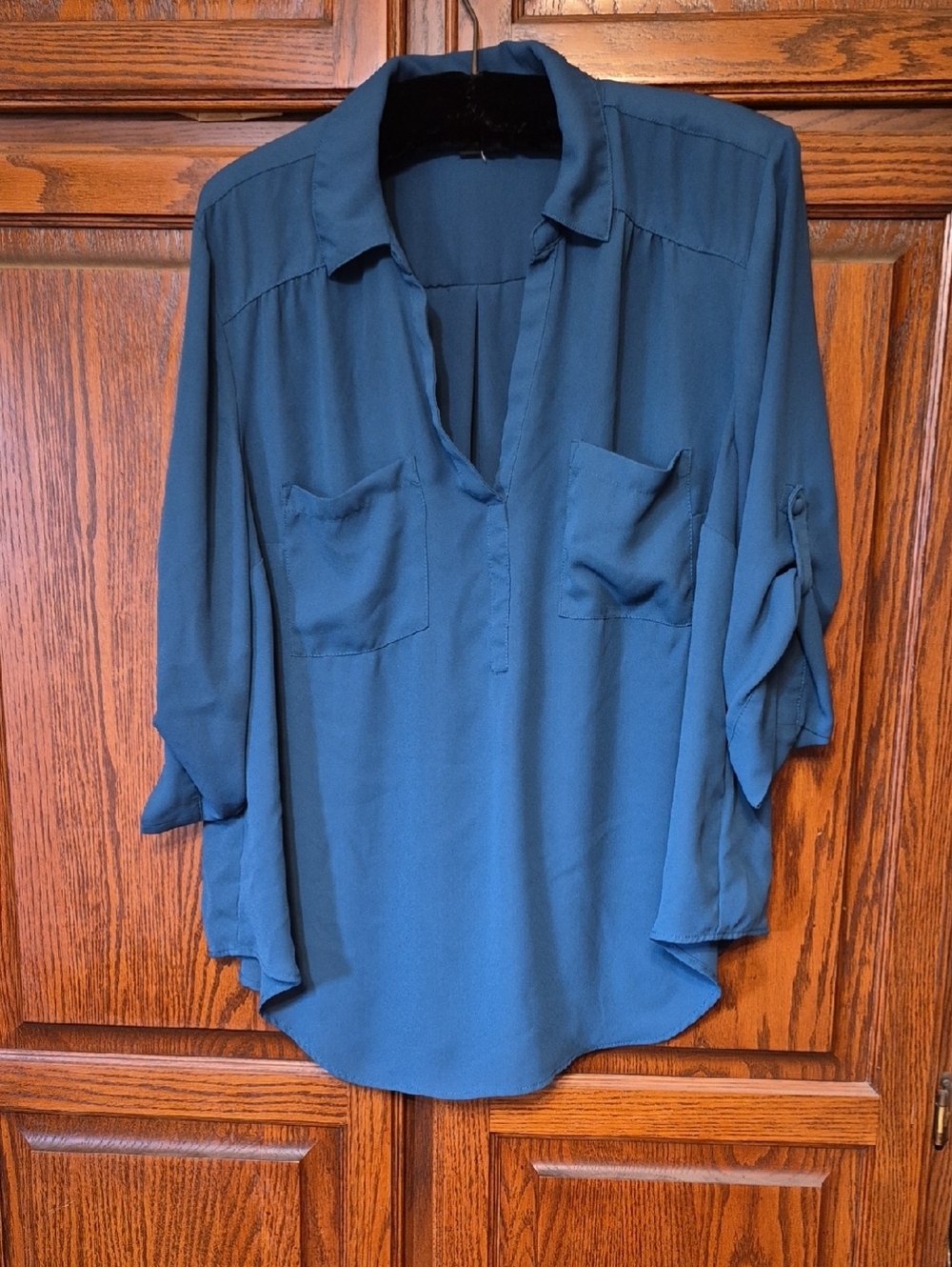 torrid Teal V-Neck Roll-Sleeve Blouse